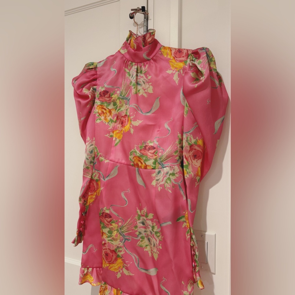 NWT Alessandra Rich Floral Puff-Sleeve Silk Mini Dress. Size 38.